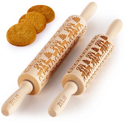 Wooden Carved Christmas Rolling Pin - Large & Small Rolling Pins With Designs For Baking Engraved Rolling Pin with Reindeer Christmas Pattern Design