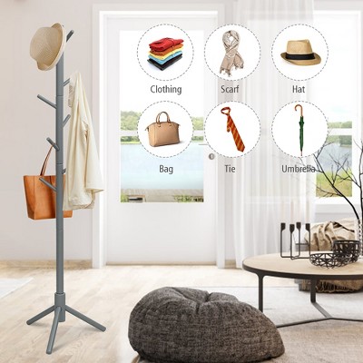 Gray Rubber Wood Adjustable Height Coat Rack with 8 Hooks
