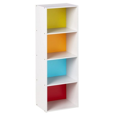 Hodedah Import 12 D x 16 W x 47 H Inch 4 Shelf Bookcase Storage Organizer Solution for Living Room, Bedroom, or Office, White and Rainbow