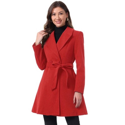 Allegra K Women's Elegant Notched Collar Single Belted Winter Long Coat