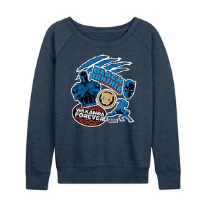 Women's - Marvel - Black Panther Wakanda Forever Sticker Lightweight French Terry Wide Neck Long Sleeve Shirt - 1 of 4