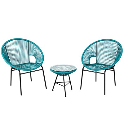 Tangkula 3 PCS Patio Furniture Set Outdoor PE Chairs & Table Set for Yard Poolside Garden Turquoise/Black
