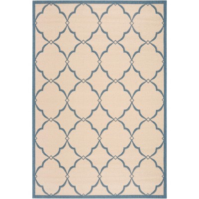 Cream and Blue Geometric Flat Woven Area Rug