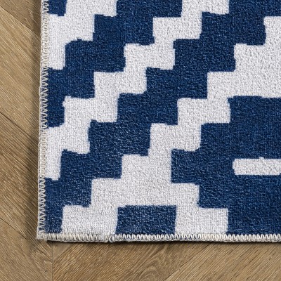 Navy and White Geometric Synthetic 4' x 6' Washable Rug