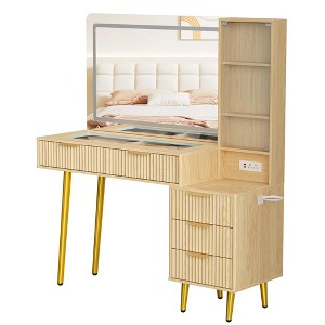 48" Fluted Vanity Desk with Mirror and Lights, Modern Make Up Vanity with Drawers, Glass Top Power Outlet, Makeup Table for Bedroom - 1 of 4