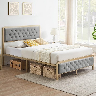 Full Bed Frame with Headboard, Modern Velvet Button Tufted Full Size Bed Frame, Easy Assembly Platform Bed Frame, Steel Slat Support