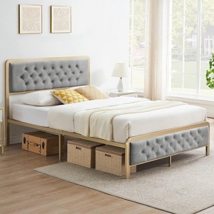 Full Bed Frame with Headboard, Modern Velvet Button Tufted Full Size Bed Frame, Easy Assembly Platform Bed Frame, Steel Slat Support - 1 of 4