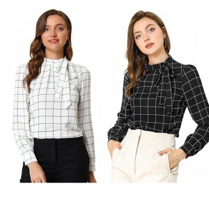 INSPIRE CHIC Women's Bow Tie Neck Keyhole Back Grid Checks Office Work Blouses 2 Packs - 1 of 4