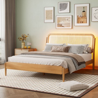CAVINAS Platform Bed Queen Size Modern Wooden Bed Frame with Rattan Headboard and LED Light for Bedroom