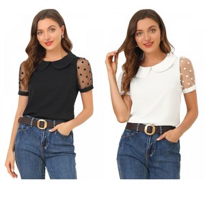 Allegra K Women's Vintage Peter Pan Collar Puff Polka Dots Mesh Short Sleeve Blouse 2 Packs - 1 of 4