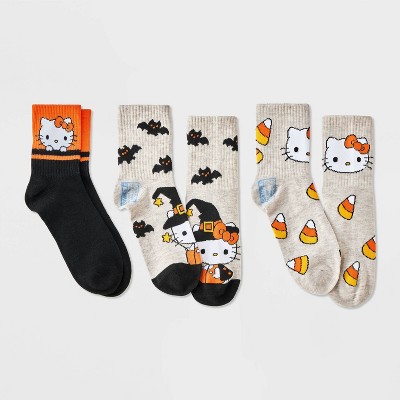 Women's Hello Kitty Halloween 3pk Mid Crews Socks - Oatmeal Heather/Black/Orange