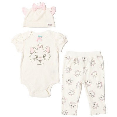 Image of Disney Classics Marie Newborn Baby Girls 3 Piece Outfit Set: Bodysuit Pants Hat White 6-9 Months