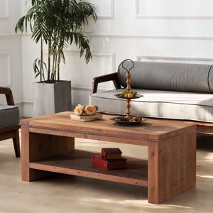 Rustic Solid Wood Coffee Table, Large Rectangle 2-Tier Storage Shelf, Vintage Natural Wood Accent Table for Living Room or Office-Baofuwish - 1 of 4