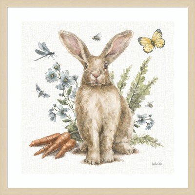 25"x25" Brown Wood Framed Rabbit and Flowers Lithograph