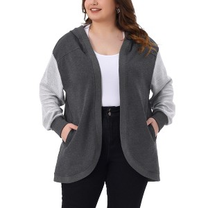Women's Plus Size Hooded Open Front Color Block Long Sleeve Casual Jacket with Pockets - Agnes Orinda - 1 of 4
