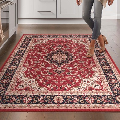 Red and Beige Medallion Synthetic Washable 5' x 7' Area Rug