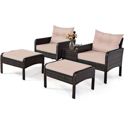 Tangkula 5-Piece Patio Rattan Conversation Set Cushioned Sofas and Ottoman Set with Table