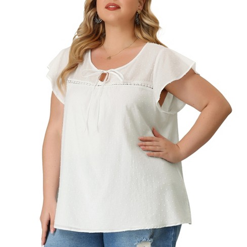 Agnes Orinda Women's Plus Size Tie Neck Lace Insert Summer Ruffle Sleeve  Casual Blouses White 3X