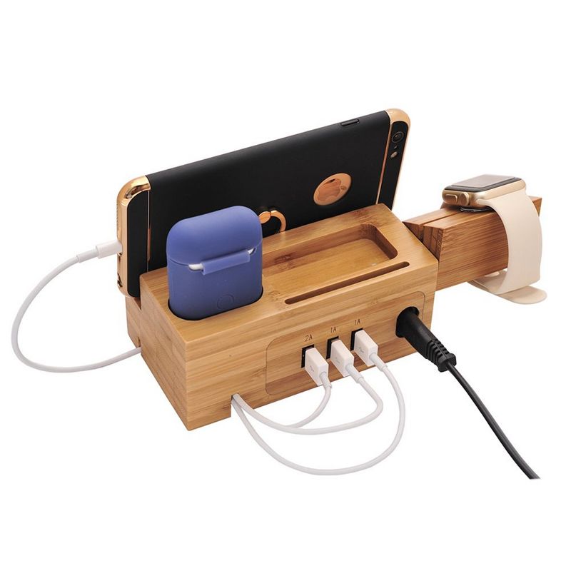 Trexonic 3 in 1 Bamboo Charging Station with Card Holder, 3 of 4