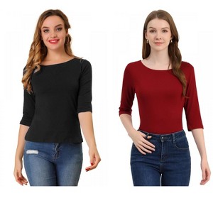 Allegra K Women's Classic Solid Elbow Sleeves Round Neck Slim Fit T-Shirts 2 Packs - 1 of 4