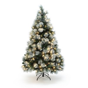 LuxenHome 6Ft Pre-Lit Flocked Artificial Pine Christmas Tree with Pinecone Decoration and Stand Green - 1 of 4