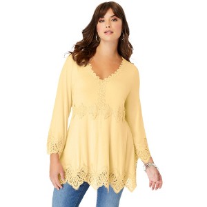 Roaman's Women's Plus Size Empire Waist Boho Lace Trimmed Tee - 1 of 4