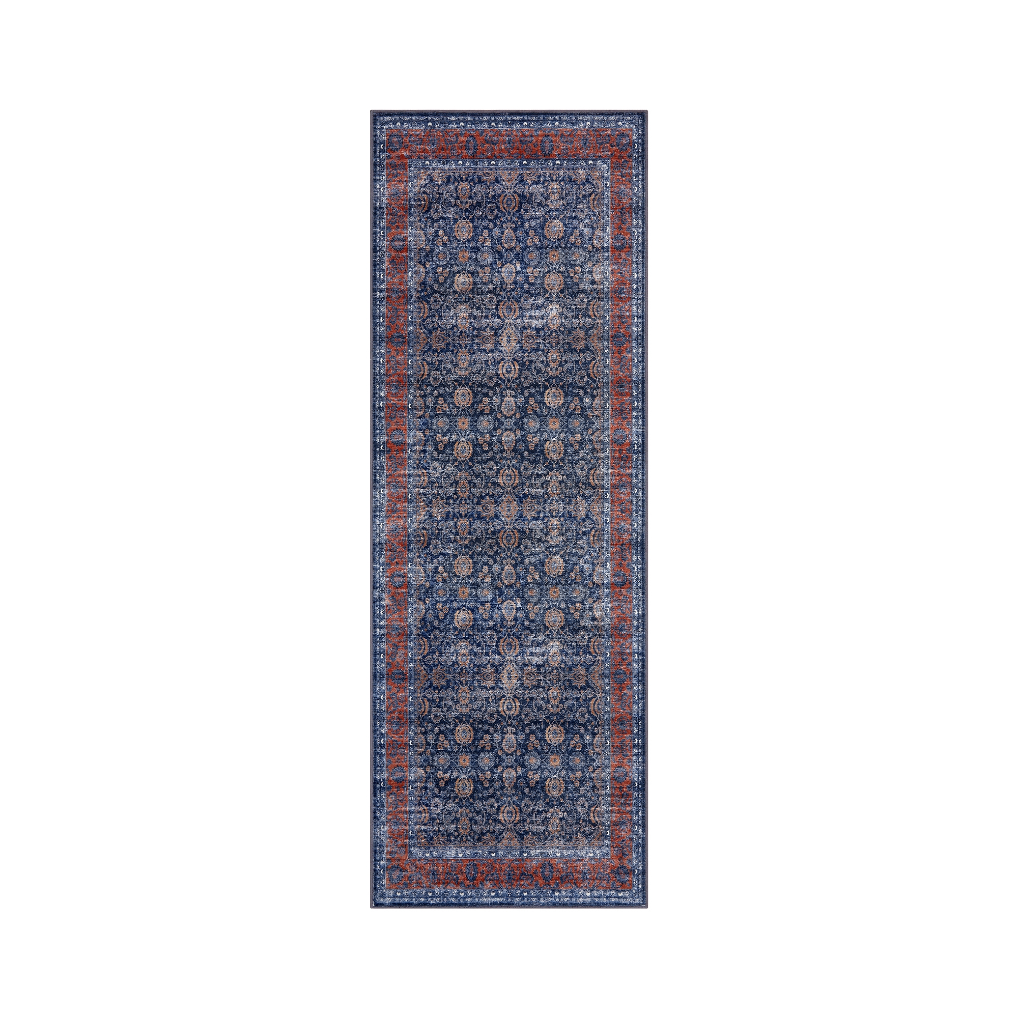 Floral Rug 2'x6' Navy Blue Rust Red Washable Runner Rugs, Non Slip Vintage Boho Stain Resistant Low Pile Floor Carpets