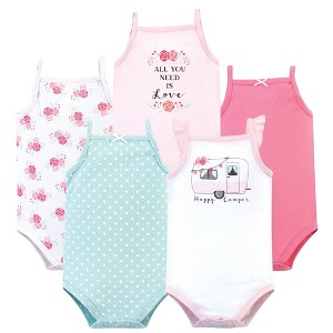 Hudson Baby Infant Girl Cotton Sleeveless Bodysuits 5pk, Pink Happy Camper - 1 of 4