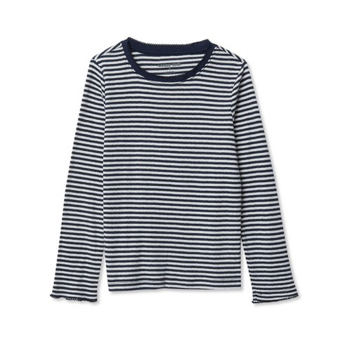 Lands' End Kids Long Sleeve Pointelle Knit Shirt - Large - Navy/Cream Ditsy Stripe
