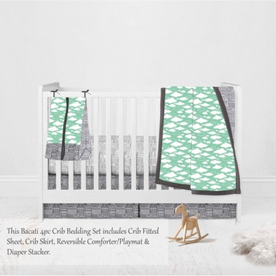 Bacati - Clouds in the City Mint/Gray 4 pc Crib Bedding Set with Diaper Caddy