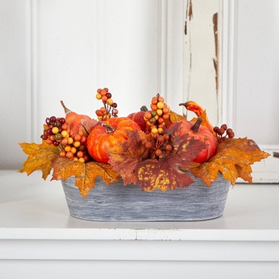 Rustic Fall Pumpkin and Berries Arrangement in Washed Wood Vase