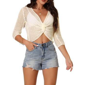 Seta T Women's V Neck Criss Cross Twist Hollow Out Semi-Sheer Cropped Tops Long Sleeve Pullover Sweater