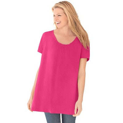 Woman Within Plus Size Perfect Short-Sleeve Shirred U-Neck Tunic