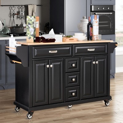 Wood Top Kitchen Island Cart with Wheels, 4 Doors & 5 Drawers, Rolling Storage Cabinet for Kitchen or Dining-The Pop Home