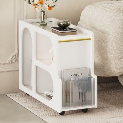 Kumasinova On-Trend Mobile End Table with Shelves&Lockable Wheels,5mm Thick Fluted Tempered Glass,Modern Nightstand Side Table,Premium MDF Frame