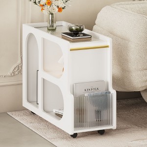 Kumasinova On-Trend Mobile End Table with Shelves&Lockable Wheels,5mm Thick Fluted Tempered Glass,Modern Nightstand Side Table,Premium MDF Frame - 1 of 4