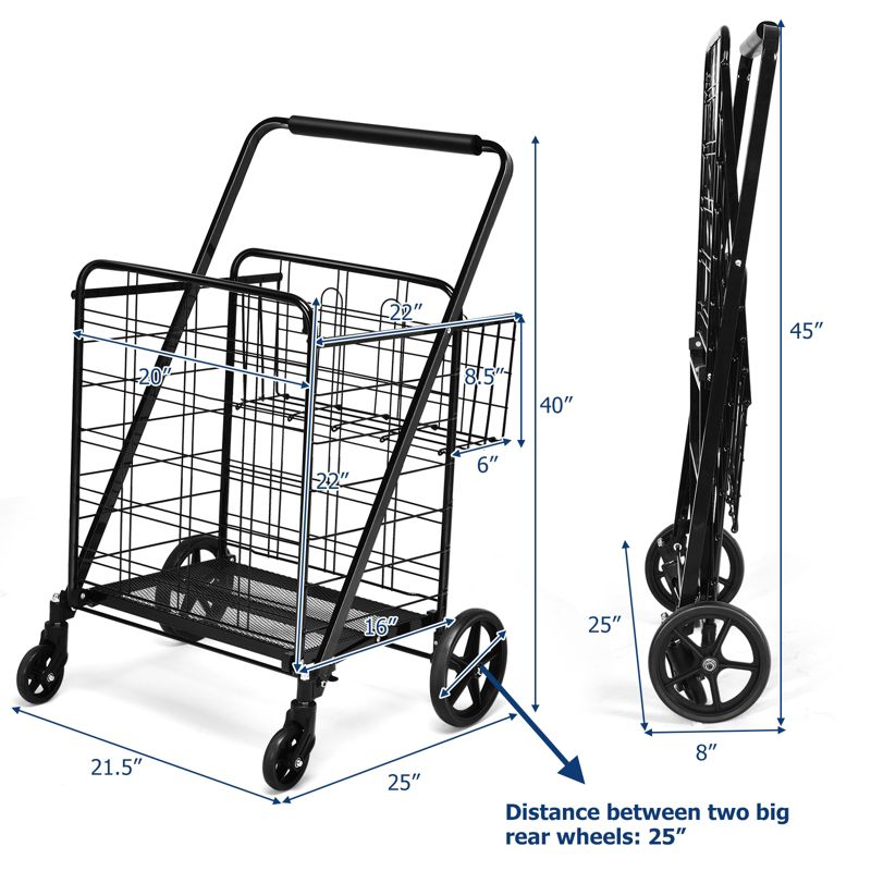 Folding Shopping Cart Jumbo Double Basket Grocery Cart with Wheels Black Silver, 5 of 6