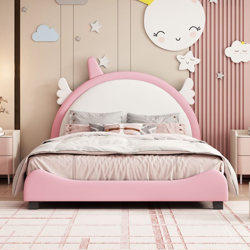 Upholstered Platform Bed With Unicorn Shape Headboard, White+Pink-ModernLuxe, 2 of 9