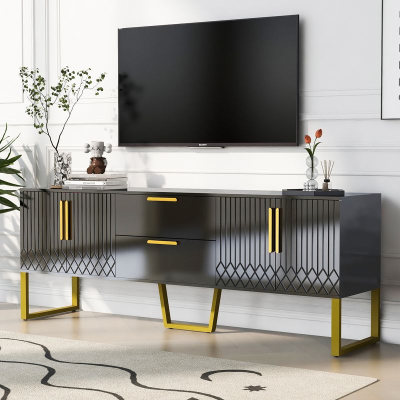 Modern Wood TV Stand for TVs up to 75" with Gold Metal Legs, Handles and Drawers - ModernLuxe, 1 of 11