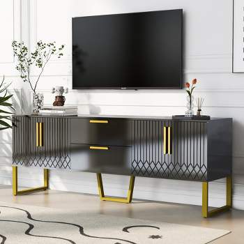 Modern Wood TV Stand for TVs up to 75" with Gold Metal Legs, Handles and Drawers - ModernLuxe