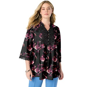 Roaman's Women's Plus Size Juliet Lace Trim Shirt - 1 of 4