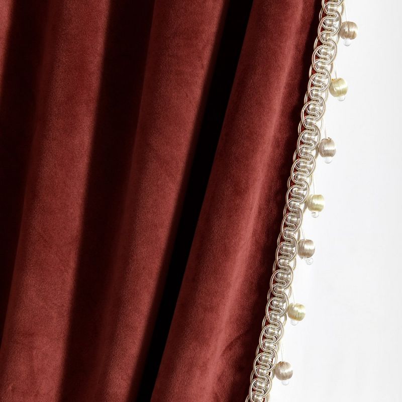 Luxury Vintage Velvet With Silky Pompom Trim Light Filtering Window Curtain Panel Rust Single 52X84, 4 of 6
