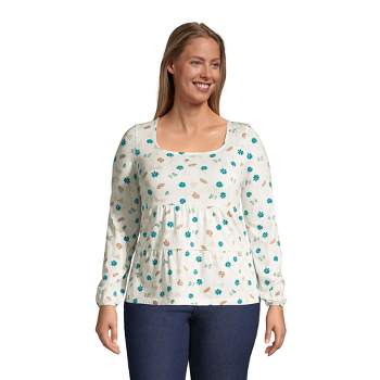Lands' End Women's Long Sleeve Light Weight Jersey Square Neck Tiered Top