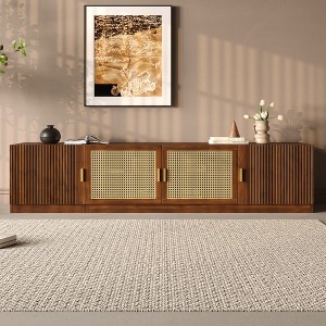 TV Stand for TVs Up to 85", Mid-Century Modern Media Console Table Entertainment Center with Rattan Doors & Adjustable Shelves, Walnut - ModernLuxe - 1 of 4