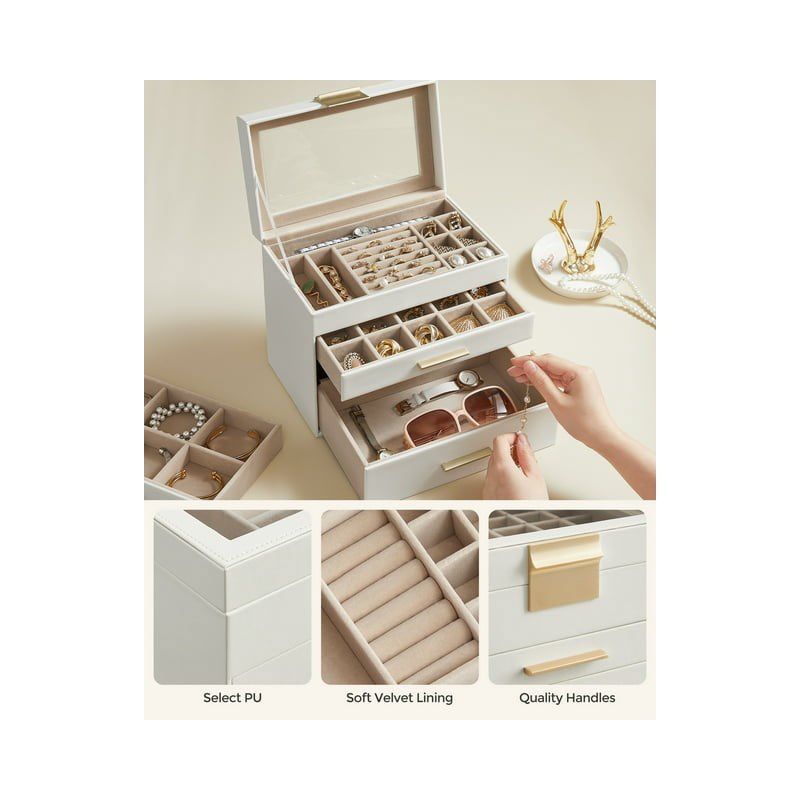 SONGMICS 4-Layer Jewelry Box with Glass Lid Jewelry Organizer for Sunglasses Big Jewelry Storage Cloud White and Gold Color, 3 of 5