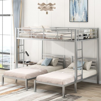 CAVINAS Twin and Twin over Full Bunk Bed Metal Triple Bed Frame with Guardrail and 2 Ladders for Bedroom, Silver