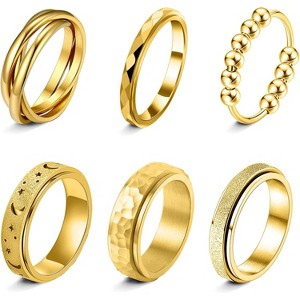 Fidget Rings for Anxiety 6pcs Stainless Steel Spinner Ring Anti Ring Spinning Moon Star Cool Stress Relieveing CZ Rings for Women Men Band Rings Set - 1 of 4