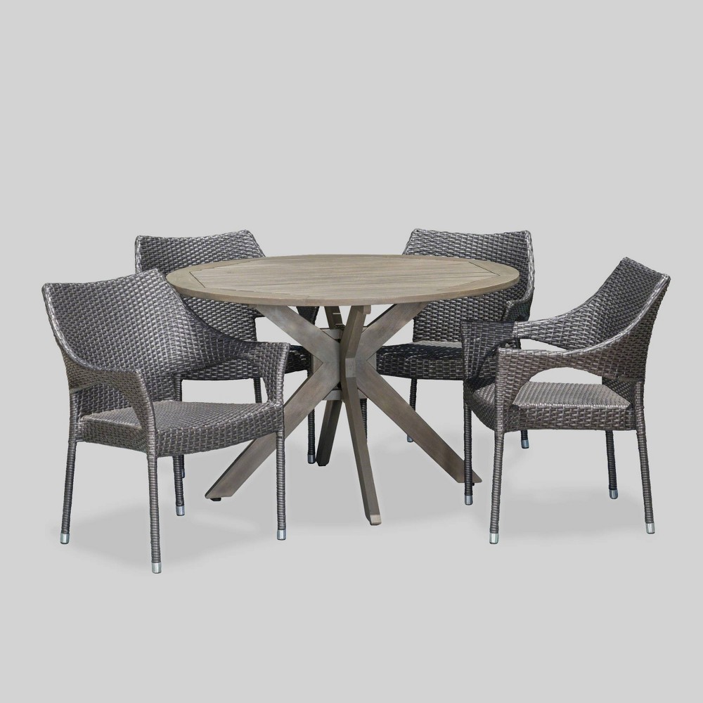 Photos - Dining Table Natividad 5pc Acacia & Wicker Dining Set - Gray - Christopher Knight Home