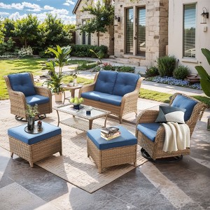 Gymojoy 7 Piece Outdoor Wicker Loveseat Sofa with Patio Swivel Glider Chairs with Coffee Table and Ottoman Sets - 1 of 4