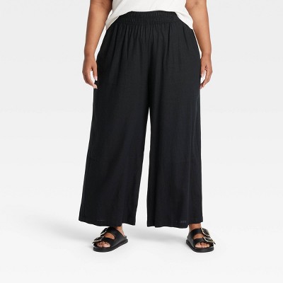 Women's High-Rise Wide Leg Linen Pull-On Pants - Ava & Viv™ Black 1X